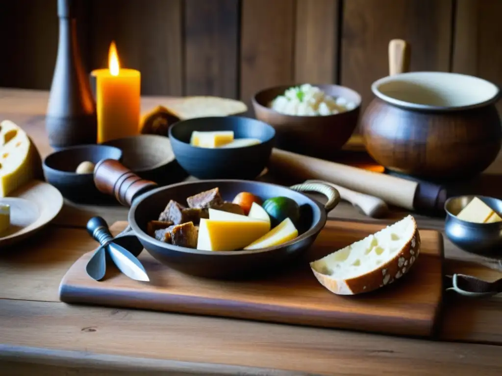 Representación visual de recetas históricas cultura vikinga en una mesa rústica con ingredientes tradicionales y utensilios de cocina de la época