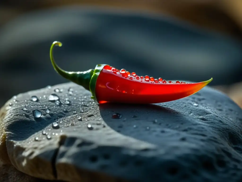 Una representación vívida de un chile rojo brillante con gotas de agua, sobre jeroglíficos mayas antiguos