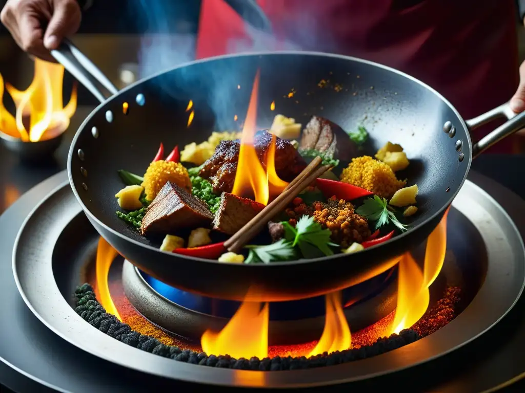 Un wok caliente con especias indias y cocina mongol, una explosión de colores y aromas en la cultura culinaria