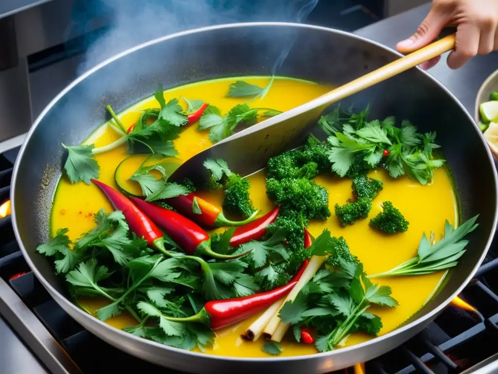 Un wok chisporroteante con ingredientes de cocina fusión IndoChina recetas históricas