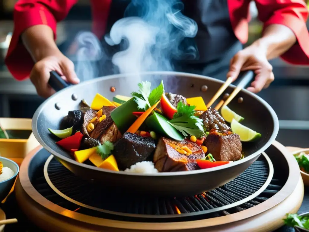 Un wok chisporroteante con ingredientes peruanos y chinos se mezclan expertamente, mostrando la historia del wok en Perú