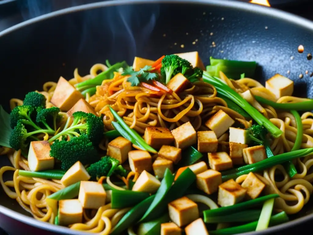 Un wok humeante de Mee Goreng: fideos, verduras y tofu en salsa, reflejando la evolución cultural del Mee Goreng