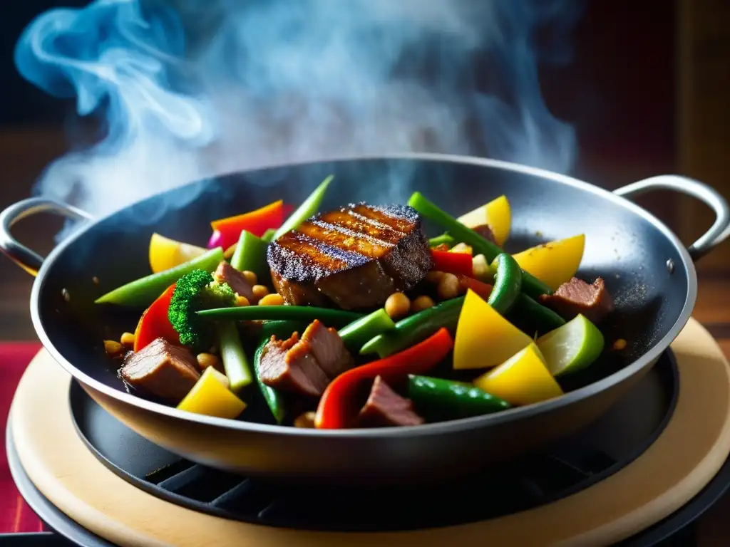 Un wok humeante con ingredientes coloridos y vibrantes en el aire, ilustrando la Importancia histórica de la gastronomía