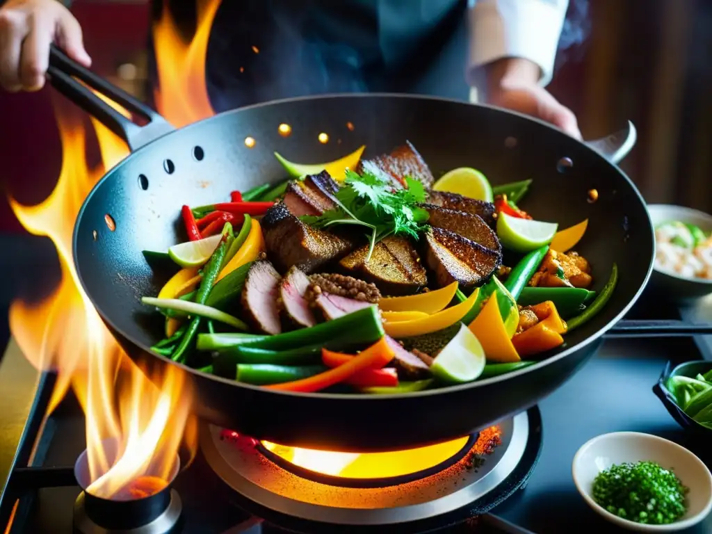 Un wok sizzling con ingredientes coloridos y diversos siendo revueltos con destreza, capturando la esencia de platos emblemáticos fusión IndoChina