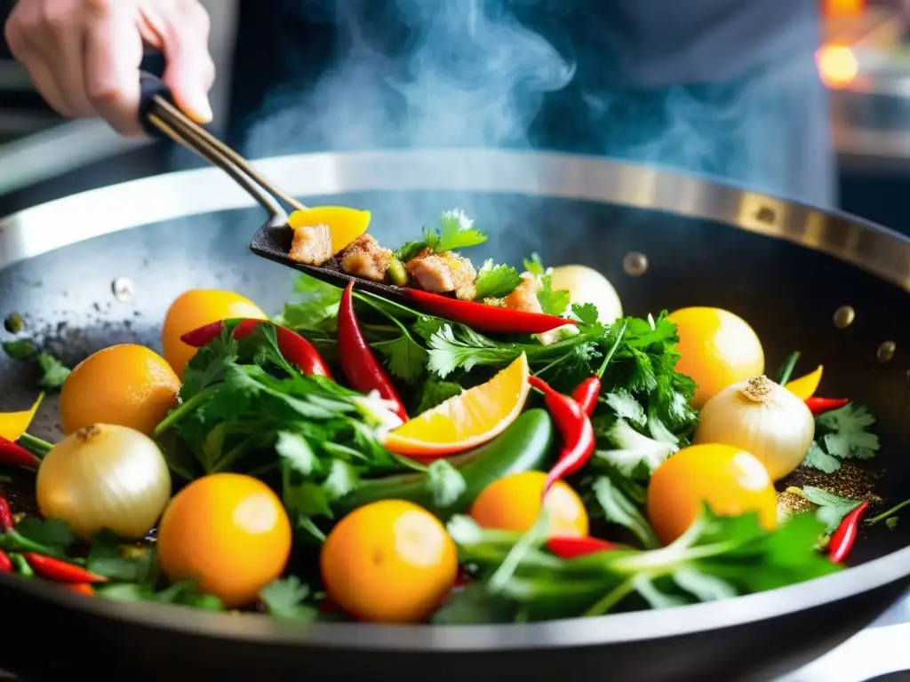 Un wok sizzling con ingredientes vibrantes de la fusión IndoChina, expertamente cocinados