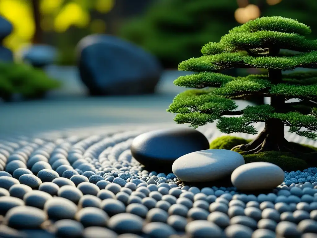 Un jardín japonés zen que transmite serenidad y equilibrio, con patrones de grava, piedras cubiertas de musgo y un bonsái