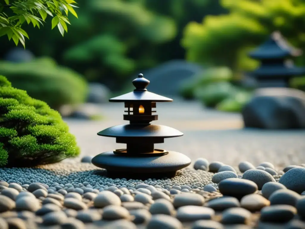 Un jardín japonés Zen sereno con patrones de grava, farol de piedra y vegetación exuberante, reflejando la tranquilidad de la cocina Zen en Japón historia