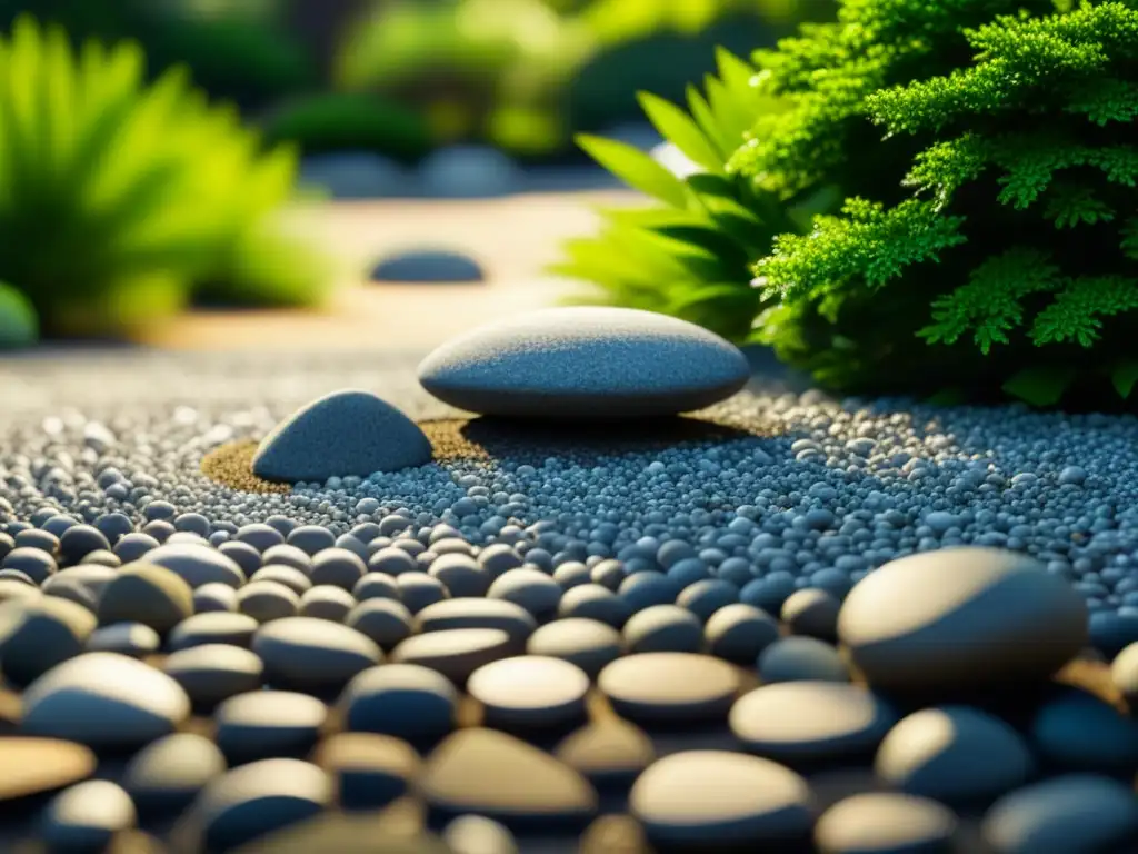 Un jardín japonés Zen sereno con patrones de grava y rocas, bañado por la luz del sol entre las hojas