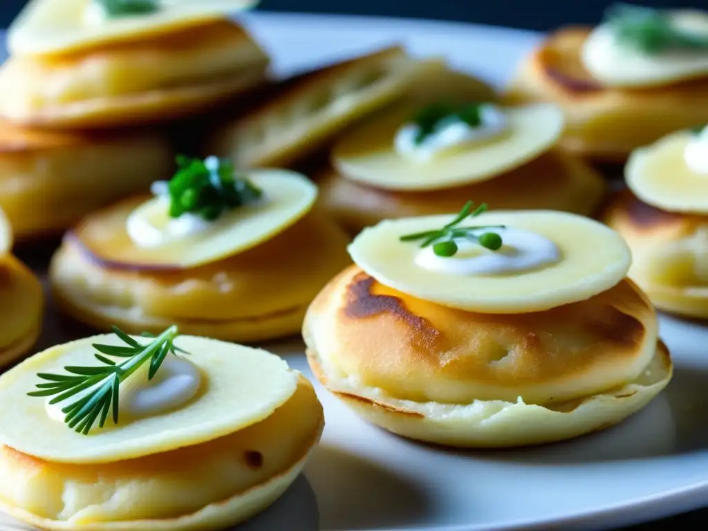 Un zoom detallado de blinis recién cocidos con crema agria y cebollino